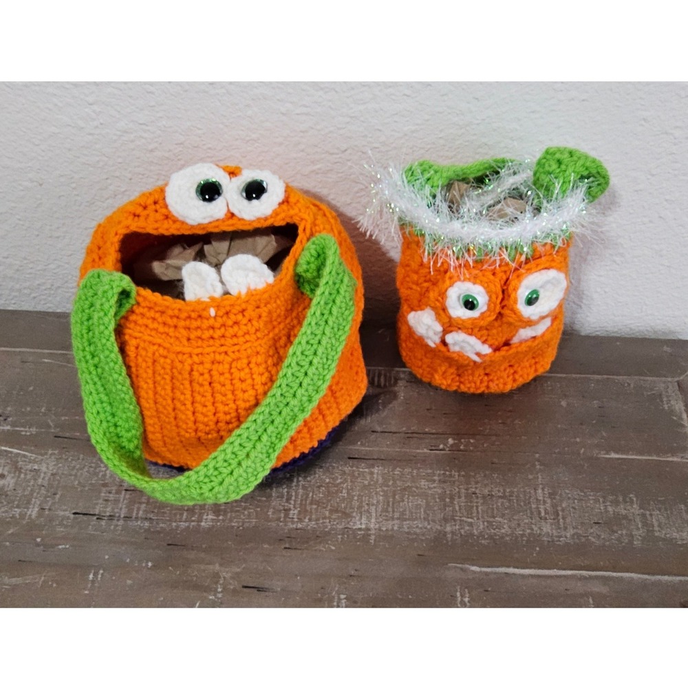 Handmade Crochet Monster Bag Set Kids Orange Green Halloween Trick or Treat